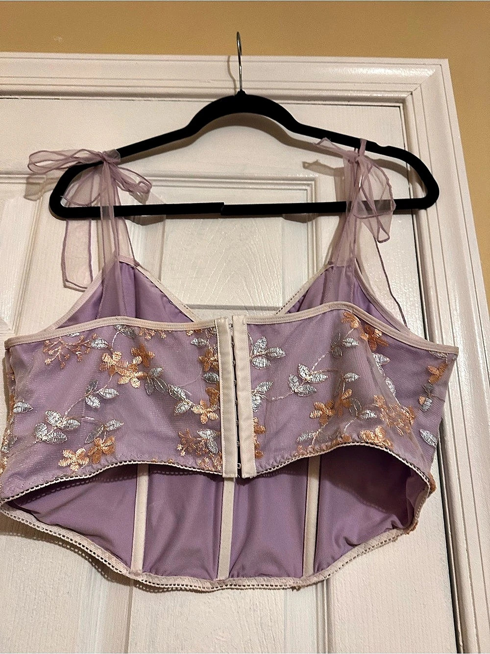 Lavender Floral Embroidered Corset Crop Top Sheer Tie Straps Fairycore Coquette - Picture 2 of 3